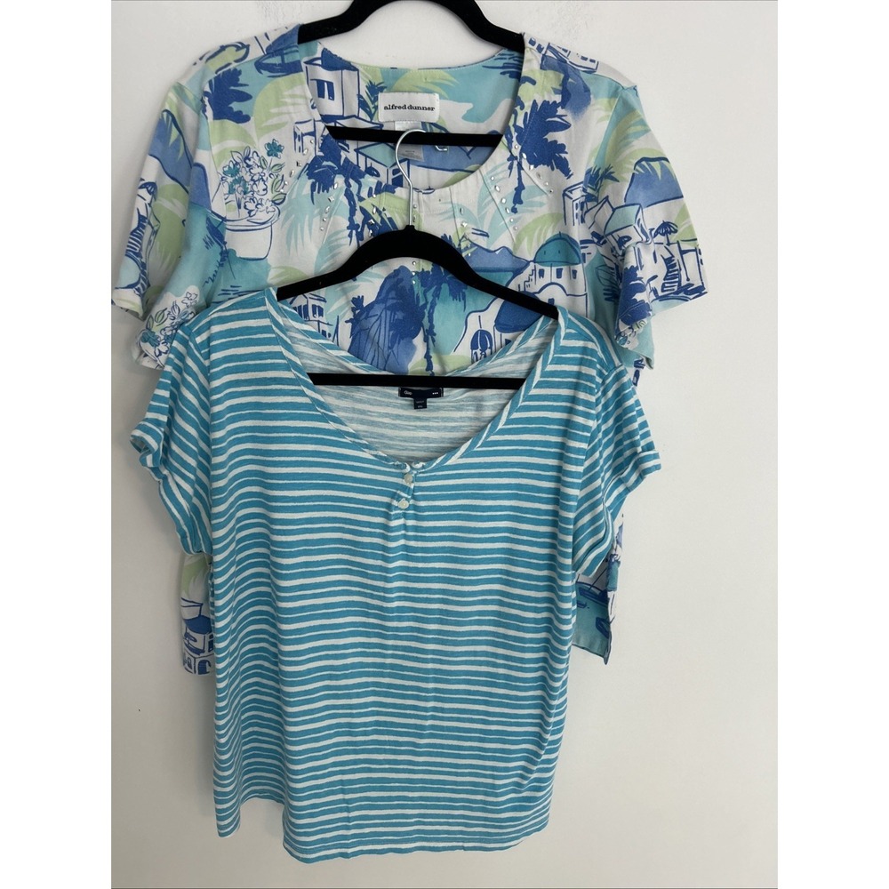 Two Women's XL Short Sleeve Pull‎ Over Tops Summer Casual Relaxed Blue White